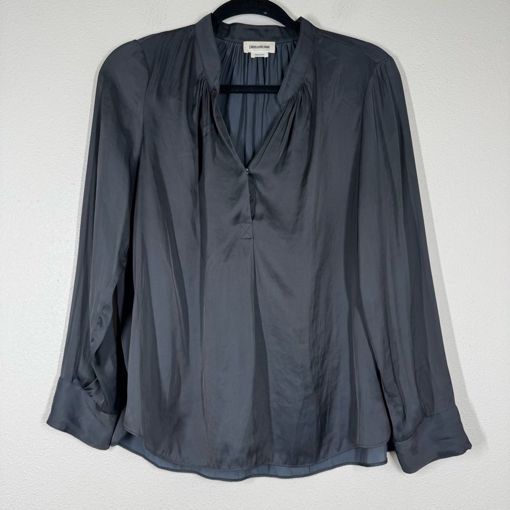 Zadig & Voltaire Black Long Sleeve Henley Shirt Tink Satin Career Edgy Medium